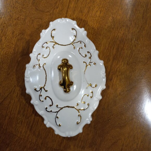 Vintage Oval White Gold Covered Bowl Lidded Candy Trinket Dish Ceramic Pottery - Picture 5 of 16